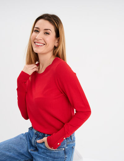 Pull col rond boutons aux poignets rouge femme