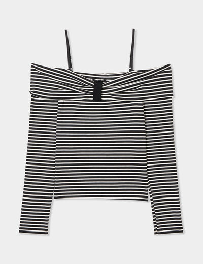 T-shirt col bardot bretelles et manches noir femme
