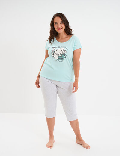 Ensemble pyjama corsaire coton bleu turquoise femme grande taille