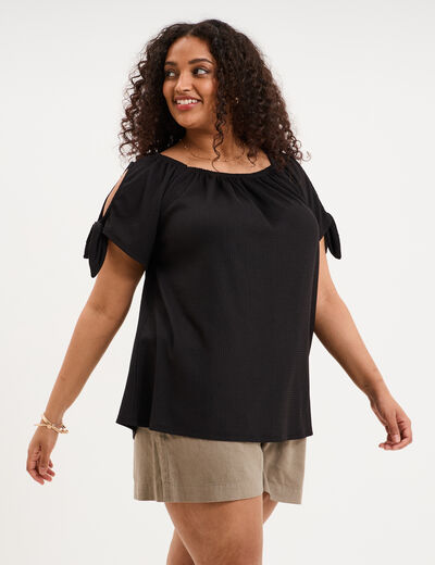 T-shirt gaufr&eacute; avec manches &agrave; noeuds noir femme grande taille