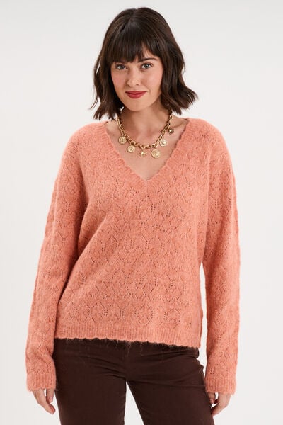 Pull col V ajour&eacute; manches longues rose corail femme