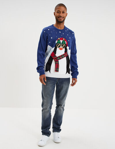 Pull de No&euml;l col rond bleu homme