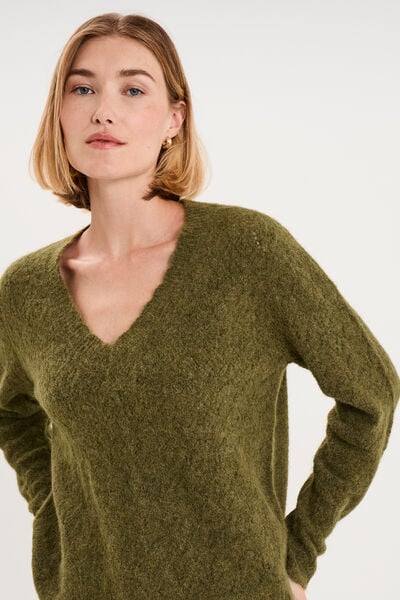 Pull col V ajour&eacute; manches longues vert olive femme
