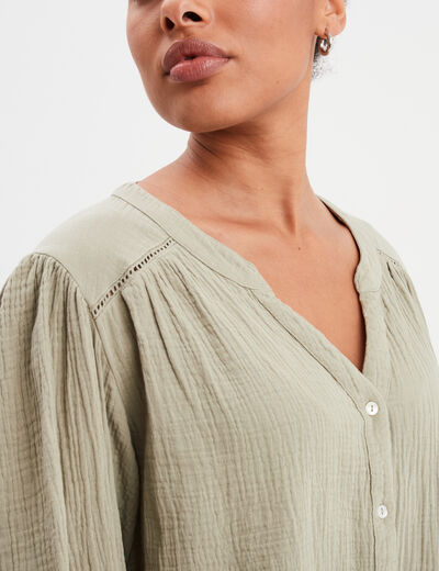 Blouse col tunisien gaze de coton Creeks vert kaki femme