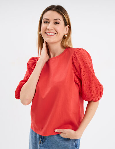 T-shirt manches bouffantes coton rouge femme