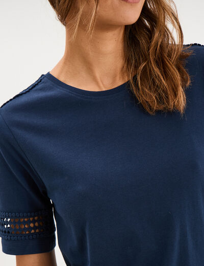 T-shirt avec broderie col rond coton bleu marine femme