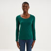 T-shirt coton col rond manches longues vert fonc&eacute; femme