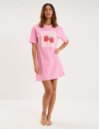 Chemise de nuit &agrave; manches courtes coton rose femme