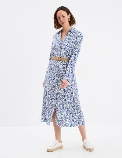 Robe chemise longue avec ceinture bleu marine femme