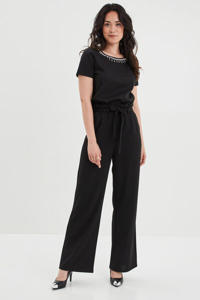 Pantalon large ceinturé noir femme