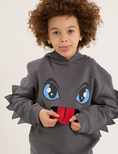 Sweat hoodie détails fantaisie coton gris foncé garçon
