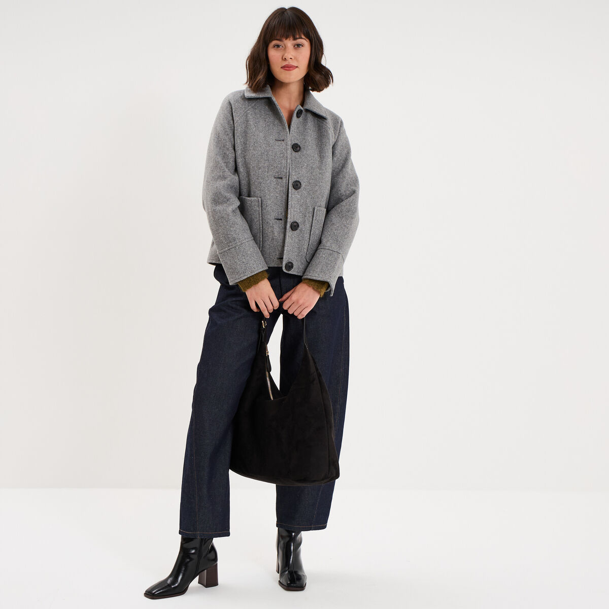 Veste courte oversize boutonn&eacute;e gris femme