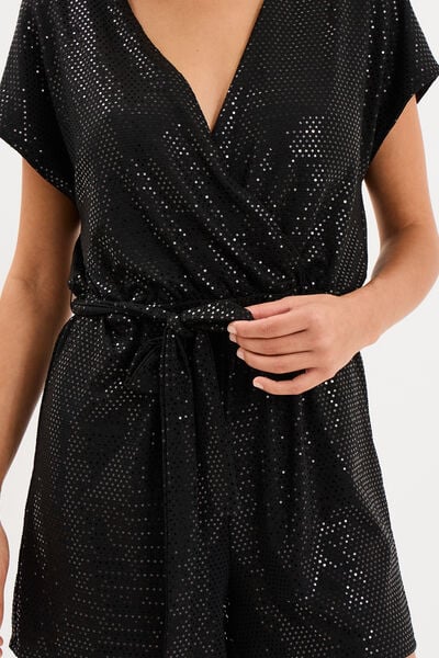 Combishort &agrave; paillettes manches courtes noir femme
