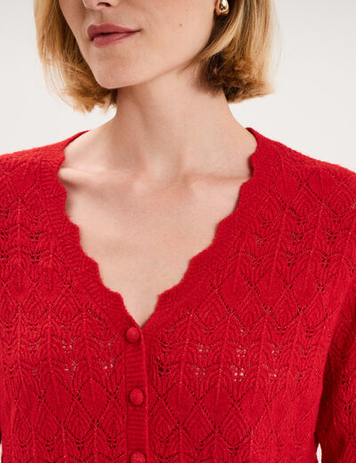 Gilet ajour&eacute; col V manches longues rouge femme