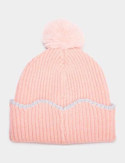 Bonnet à pompon bord festonné rose fille