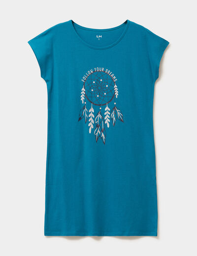 Chemise de nuit courte col rond bleu canard femme