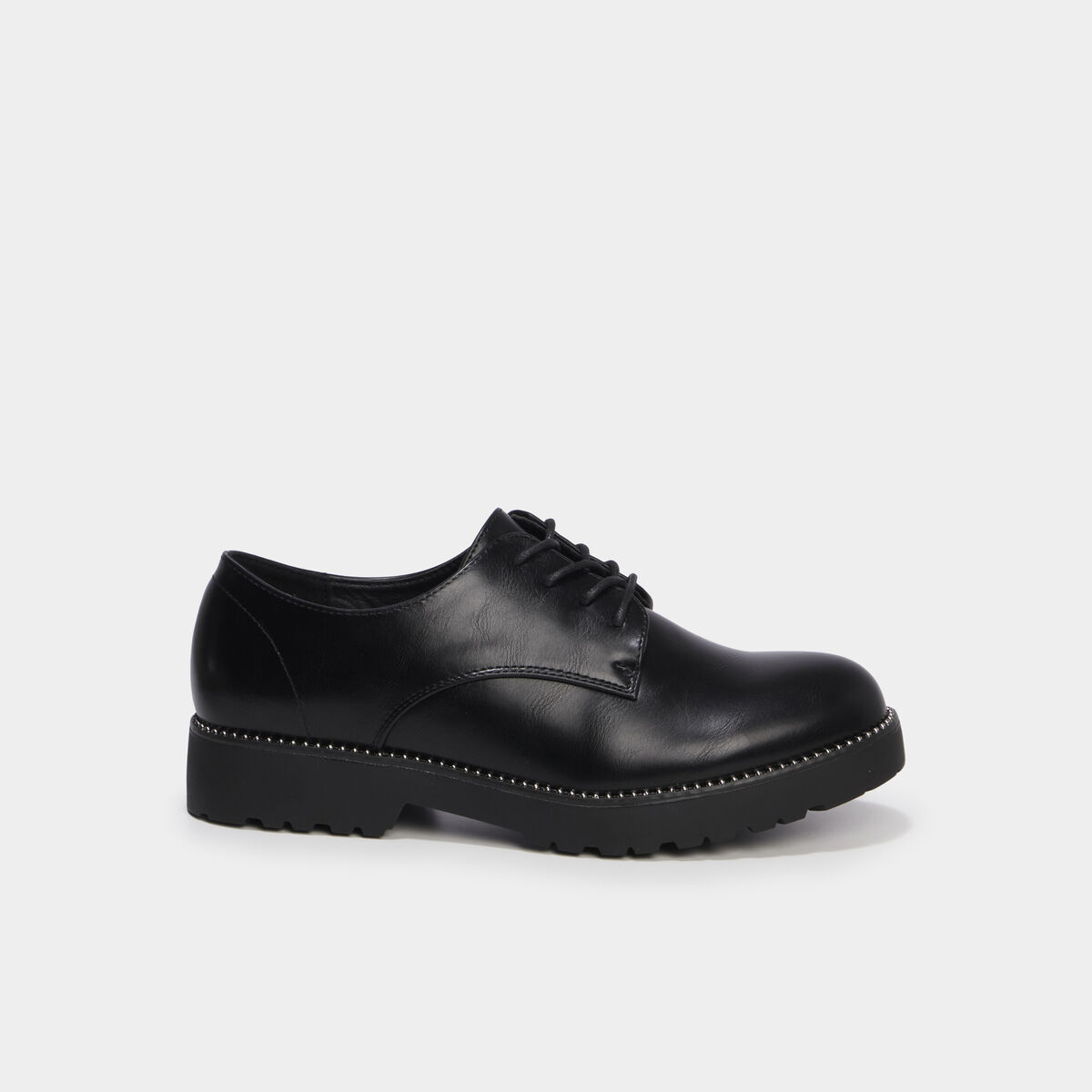 Derbies plate pied large crant&eacute;es noir femme