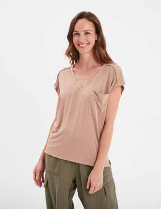 T-shirt manches courtes col V 1 poche marron femme