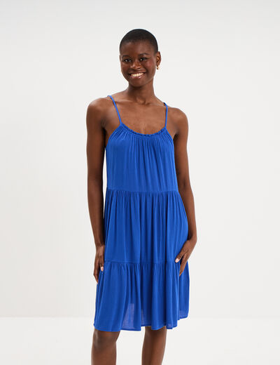 Robe fluide &agrave; volants fines bretelles bleu electrique femme