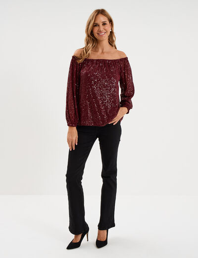 T-shirt sequins et col bardot rouge fonc&eacute; femme