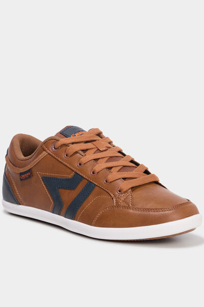 Baskets plates &agrave; lacets marron cognac homme