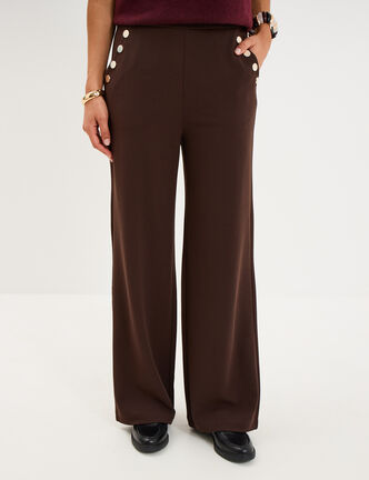 Pantalon &agrave; ponts flare effet cr&ecirc;pe marron fonc&eacute; femme
