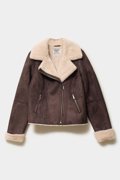 Veste col aviateur zipp&eacute;e doubl&eacute;e marron fonc&eacute; femme