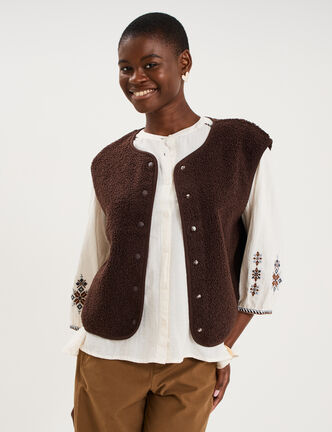 Veste sans manches effet polaire marron fonc&eacute; femme