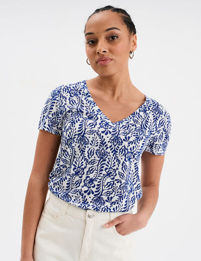 T-shirt col en V manches courtes bleu marine femme
