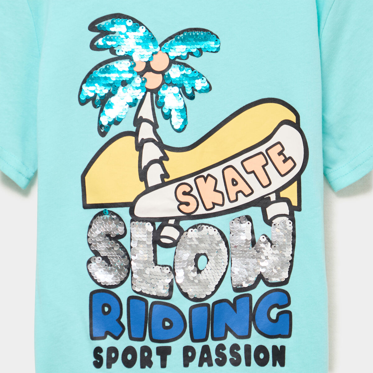 T-shirt &agrave; sequins manches courtes coton bleu turquoise gar&ccedil;on