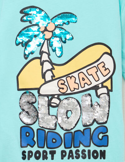 T-shirt &agrave; sequins manches courtes coton bleu turquoise gar&ccedil;on