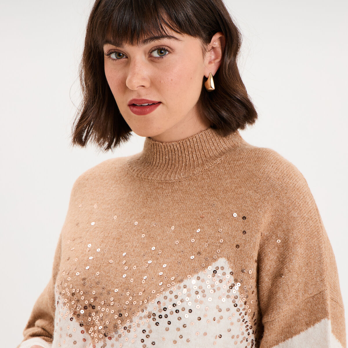 Pull col montant &agrave; sequins oversize beige femme