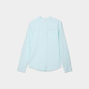 Chemise col mao lin mélangé bleu turquoise homme