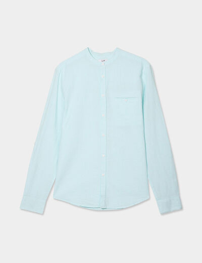 Chemise col mao lin mélangé bleu turquoise homme