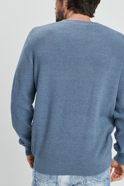 Pull avec col rond à relief bleu gris homme