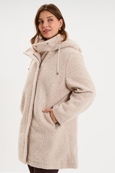 Manteau aspect bouclette &agrave; capuche sable femme grande taille