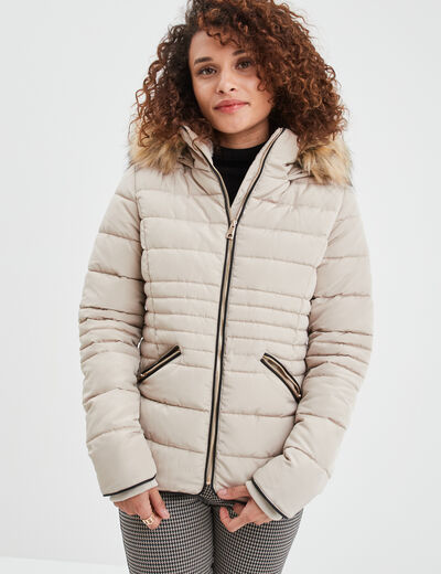 Doudoune courte cintrée à capuche beige femme