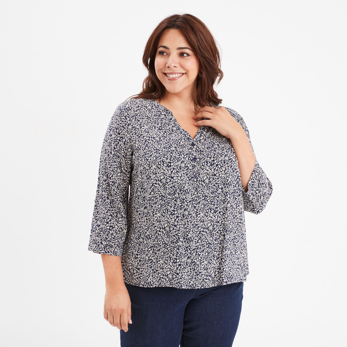 Blouse manches 3/4 retroussables bleu marine femme grande taille