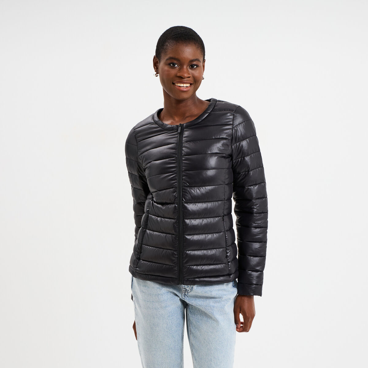 Doudoune col rond manches longues noir femme