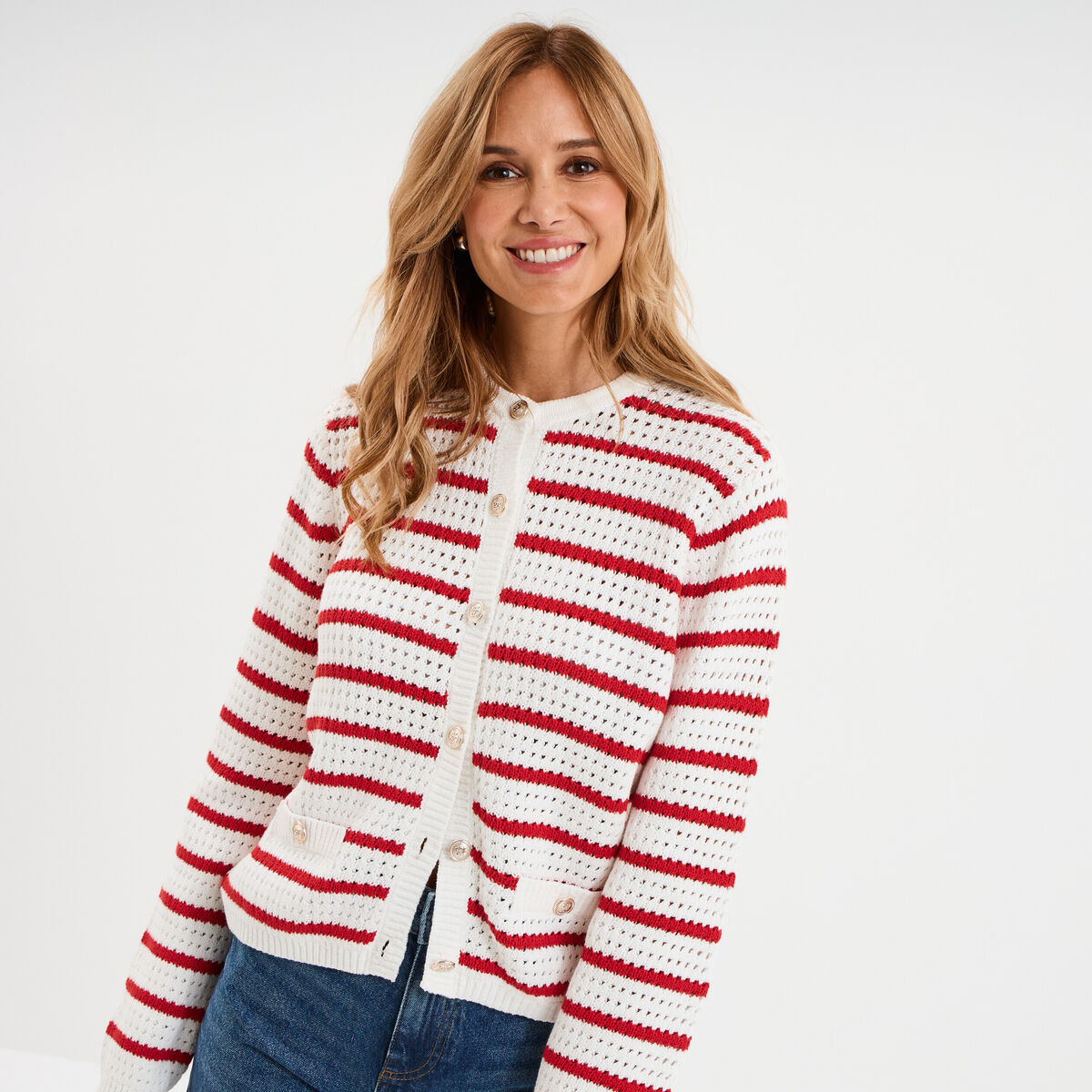 Gilet effet ajour&eacute; manches longues coton ecru femme