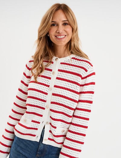 Gilet effet ajour&eacute; manches longues coton ecru femme