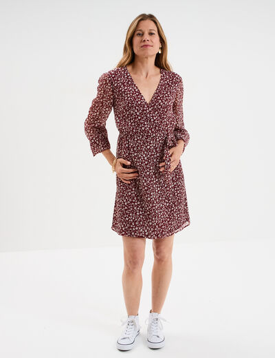 Robe manches longues col cache-coeur bordeaux femme