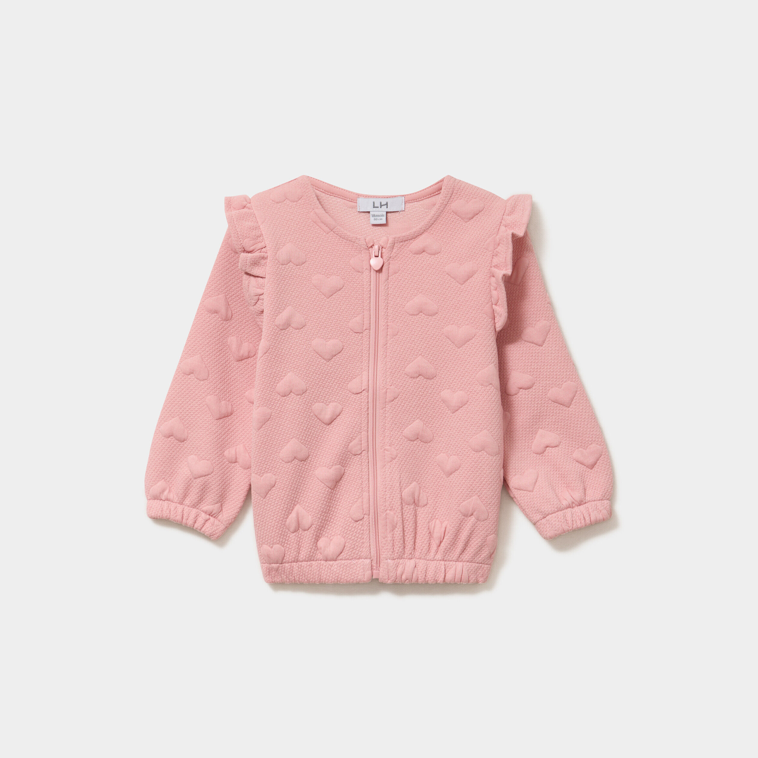 Gilet zippé matelassé coeur à volants rose poudrée bébé fille LH