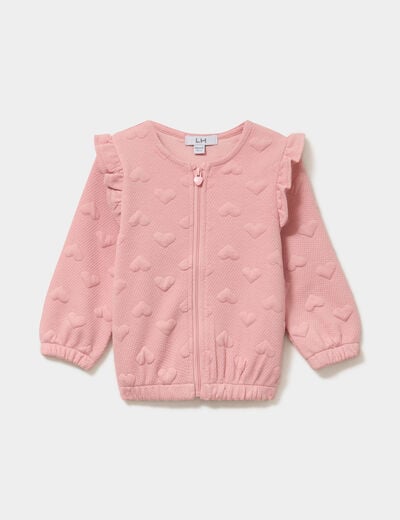 Gilet zipp&eacute; matelass&eacute; coeur &agrave; volants rose poudr&eacute;e b&eacute;b&eacute; fille