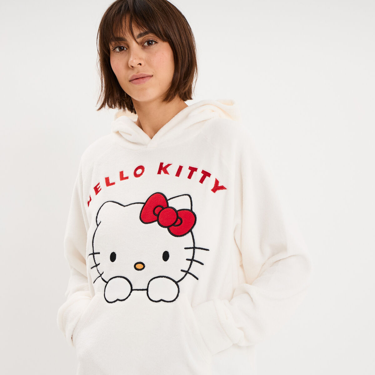 Sweat effet velours 1 poche Hello Kitty blanc femme