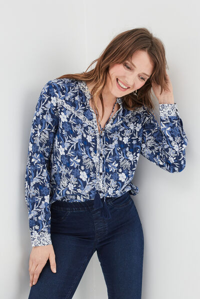 Chemise col cordons à pampilles bleu marine femme