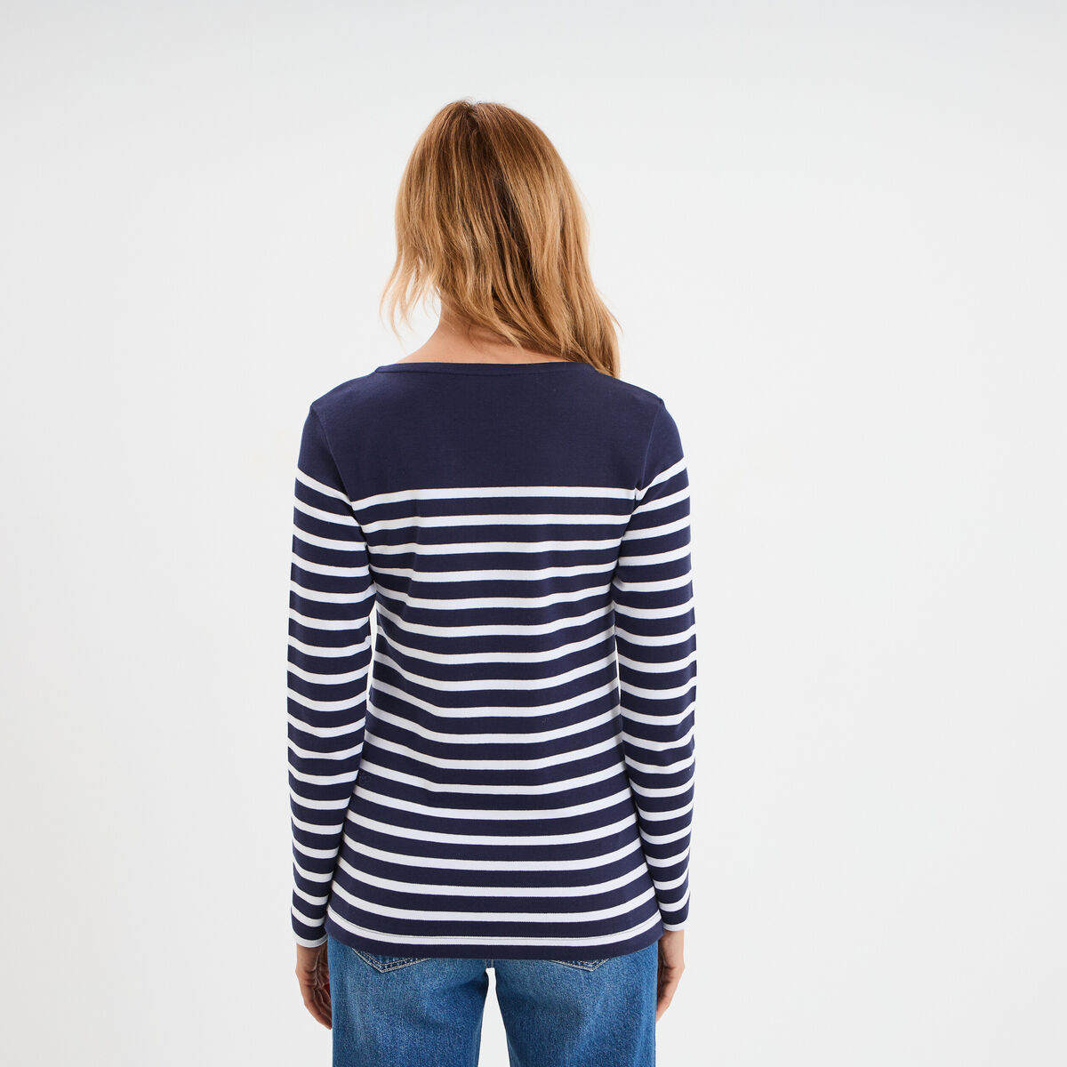 T-shirt manches longues col rond coton bleu marine femme