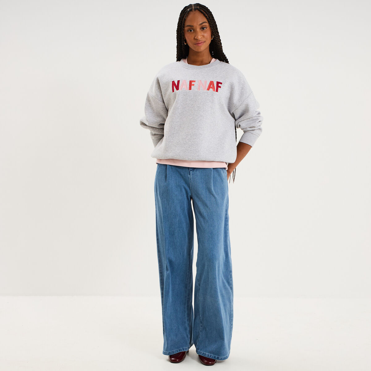 Jean large taille mi-haute &agrave; pinces denim double stone femme