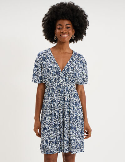 Robe courte effet pliss&eacute; manches courtes blanc femme
