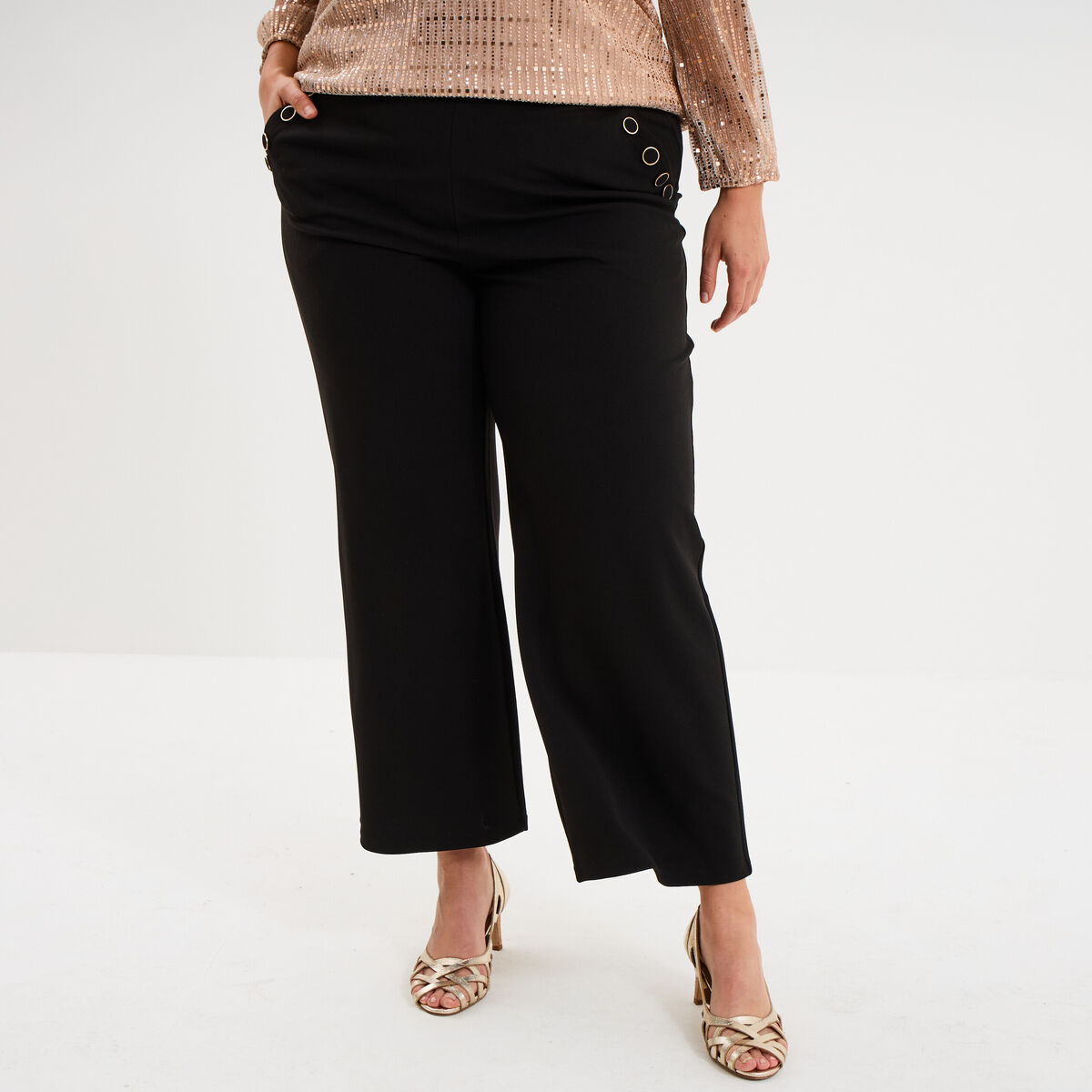 Pantalon large &agrave; pont noir femme grande taille